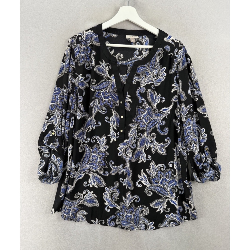 Roz & Ali Womens 2X Paisley Blouse Black Blue Sheer Lightweight Roll Tab Top